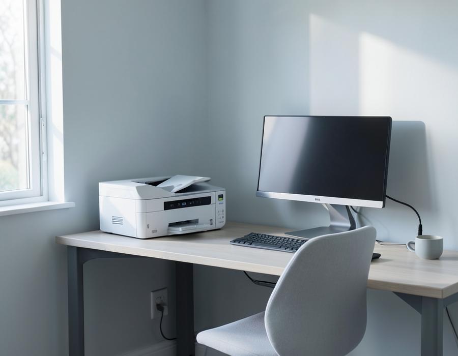 Printer and monitor on a tidy home office desk